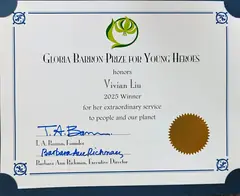 Vivian's Gloria Barron Prize certificate, signed by T.A. Barron