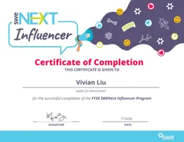 Vivian Liu's SWENext Influencer certificate of completion