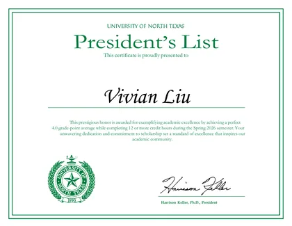 Vivian Liu's UNT President's List certificate, Fall 2025