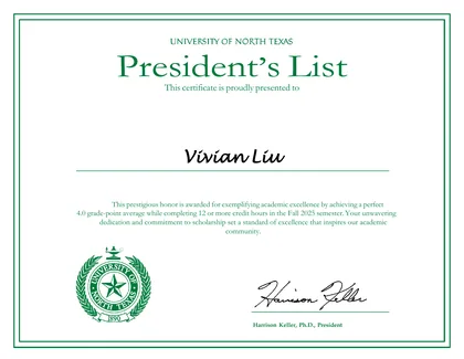 Vivian Liu's UNT President's List certificate, Spring 2026